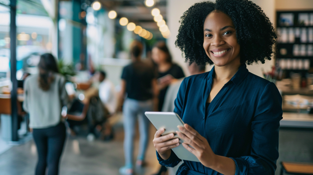 Lady reviewing IT infrastructure on a tablet, assessing small business IT support needs