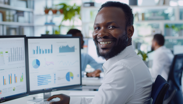 Smiling IT professional at a desk with multiple monitors displaying graphs and charts, highlighting the benefits of managed IT solutions