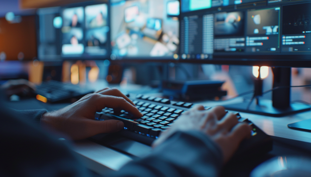 Close-up of hands typing on a keyboard, with monitors in the background showing stages of IT implementation, representing managed IT solutions