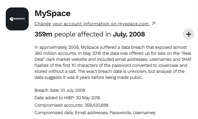MySpace Have I been Breached