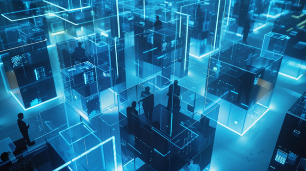 Transparent cubes representing steps in the IT strategy consulting process, with professionals working inside each cube